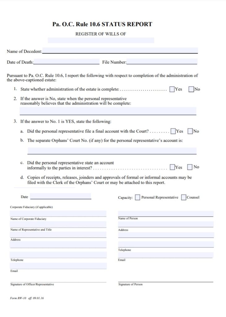 Register Will Status Report Template
