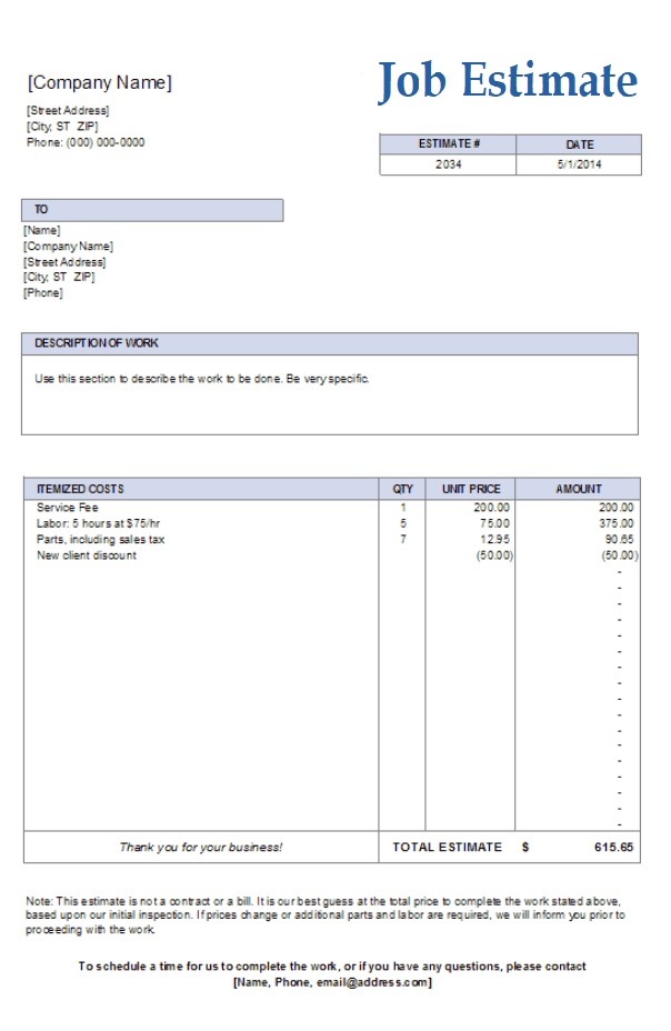 Loss Cost Estimate Template