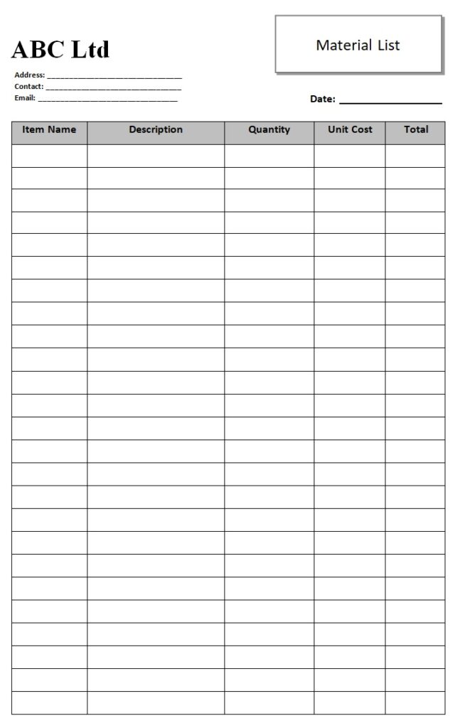 Blank Material List Template