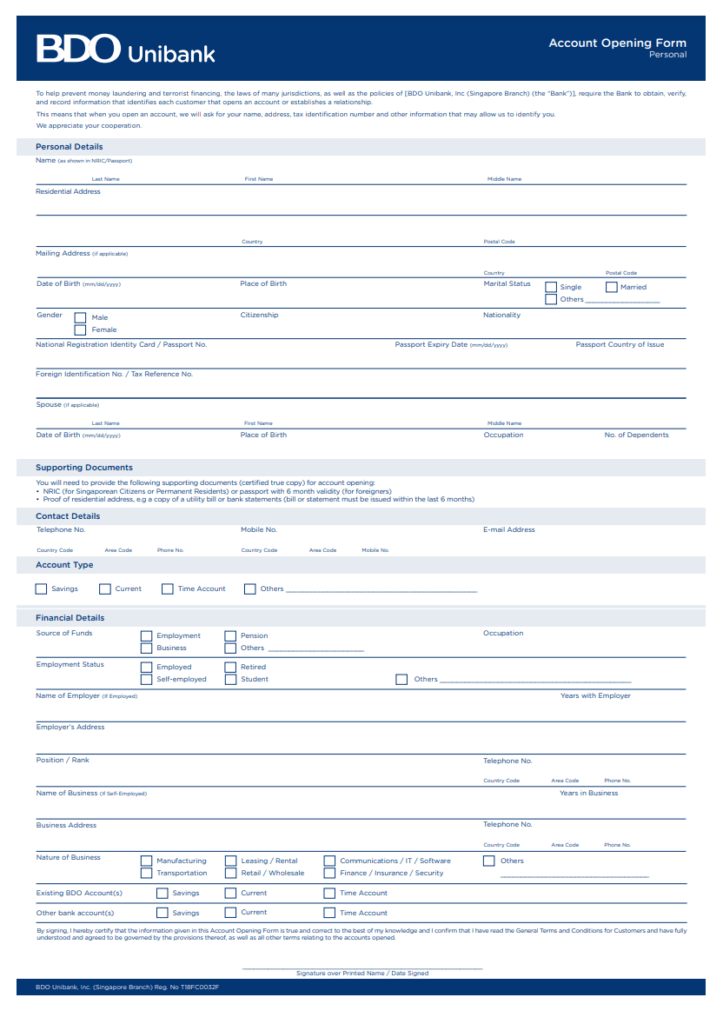 Bank Account Form Sample