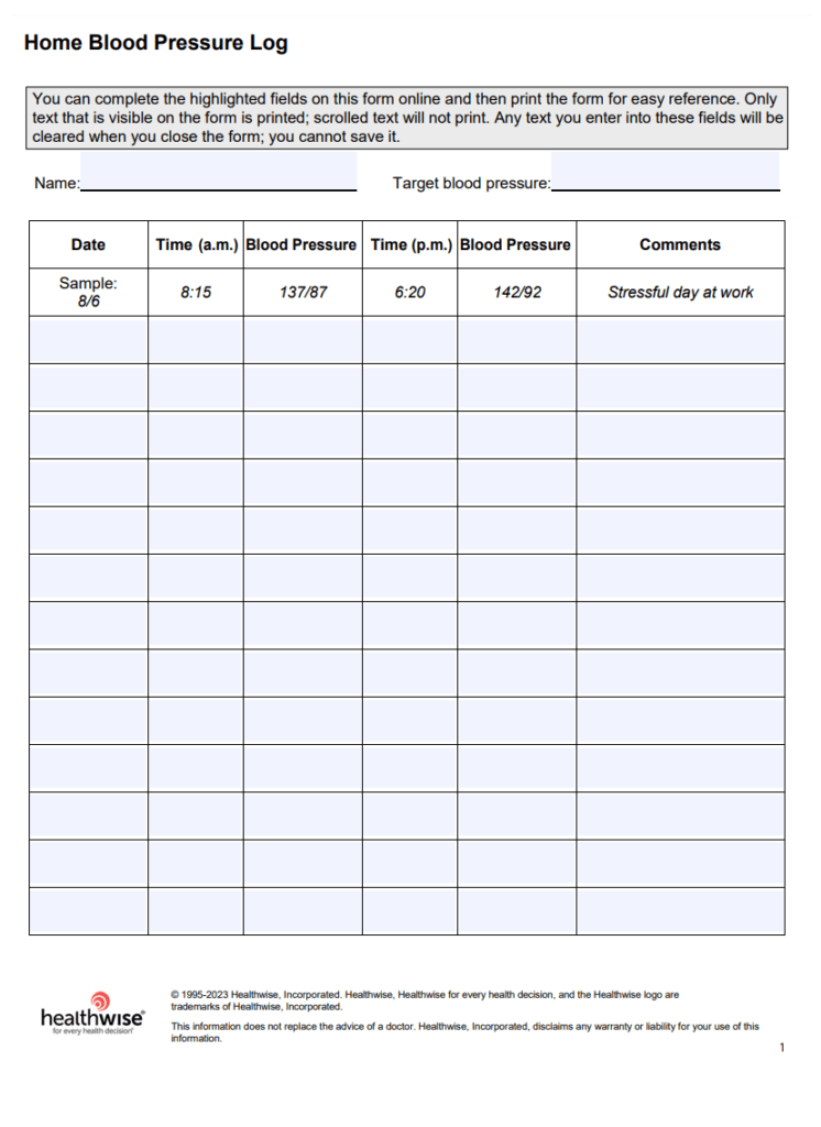 Home Blood Pressure Log Template