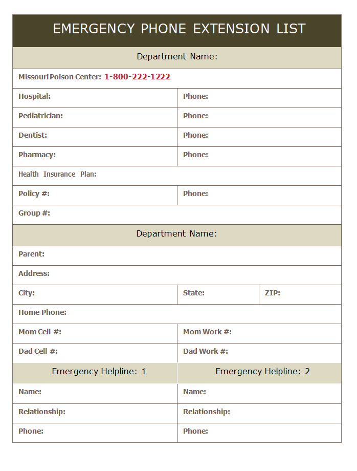 emergency phone extension list template