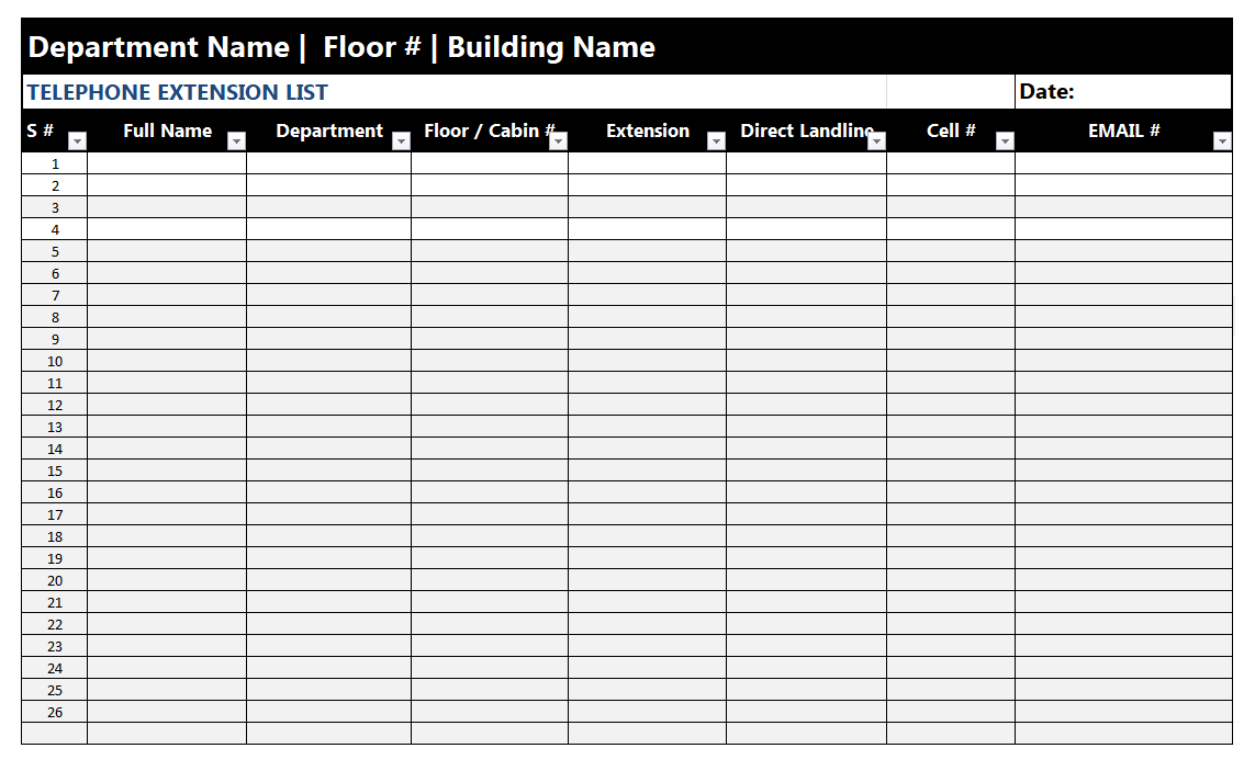 phone extension list template excel