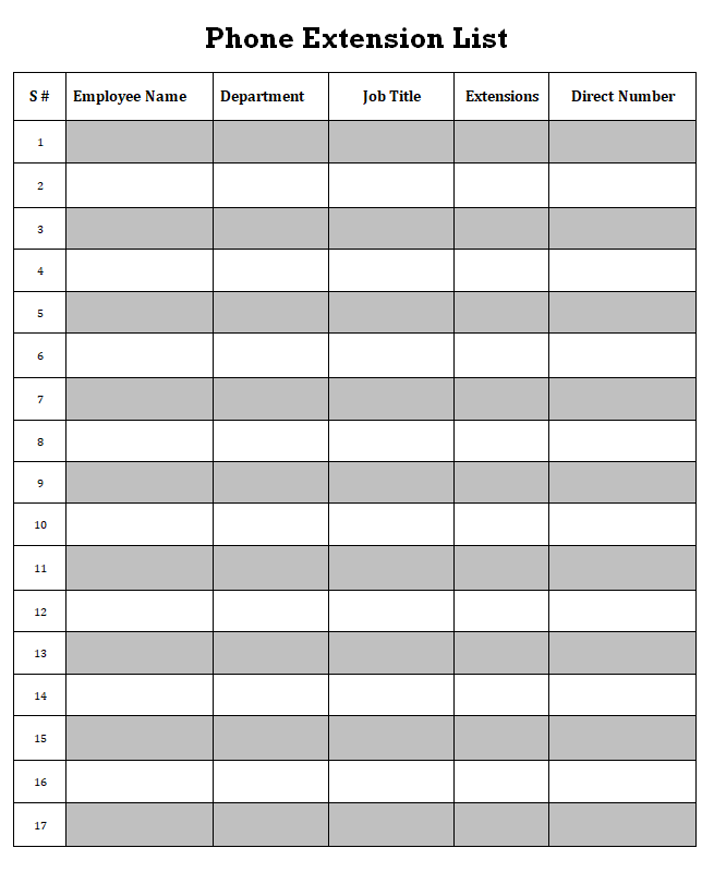 phone extension list template
