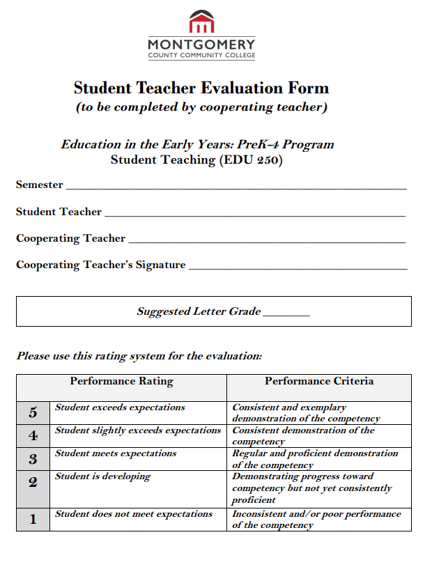 student teacher evaluation form