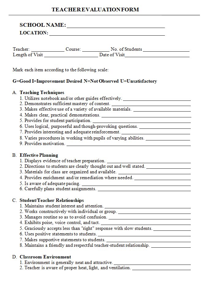 teacher evaluation form template