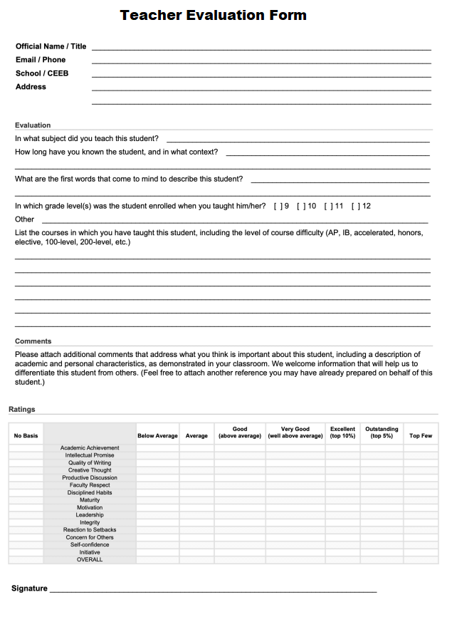 teacher evaluation format
