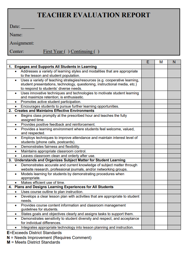 teacher evaluation report form