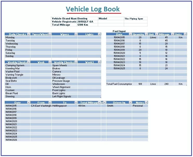 Car Log Book Template Free Word Templates