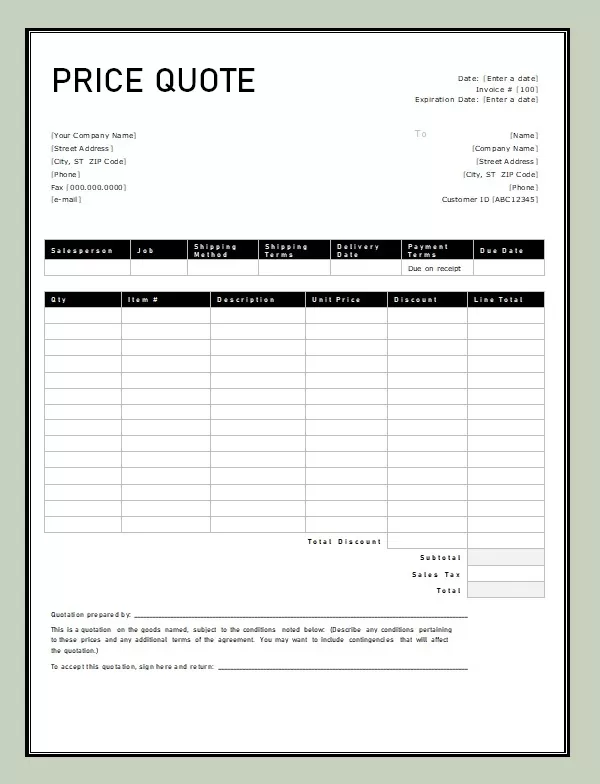 Free Blank Price Quotation Template